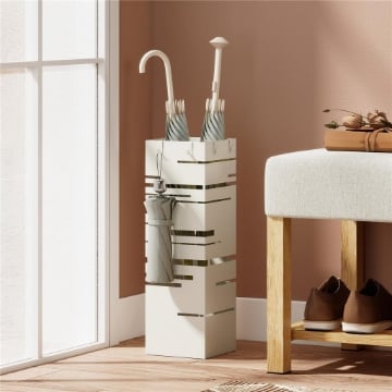 PORTAOMBRELLI AUTOPORTANTE QUADRATO IN METALLO CON 4 GANCI, BEIGE