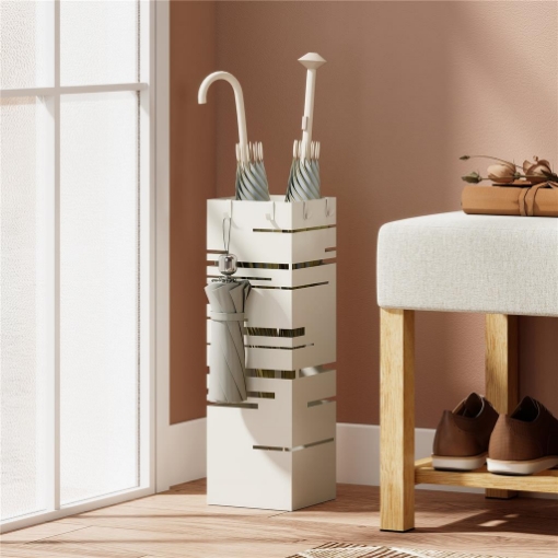 PORTAOMBRELLI AUTOPORTANTE QUADRATO IN METALLO CON 4 GANCI, BEIGE