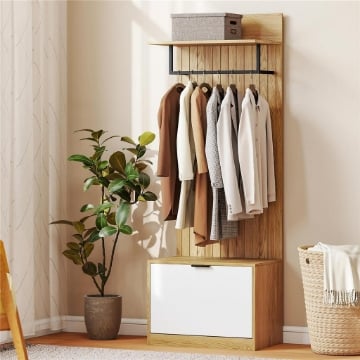 MOBILE DA INGRESSO CON PANCA SCARPIERA E APPENDIABITI CON 4 GANCI, 60X30X170 CM, ROVERE E BIANCO