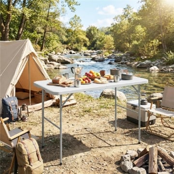 Tavolo da Campeggio Pieghevole a 2 Altezze con Maniglia, in HDPE, 120x60x74 cm, Bianco