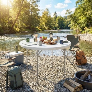 TAVOLO DA CAMPEGGIO PIEGHEVOLE ROTONDO IN METALLO E HDPE, 120X120X74 CM, BIANCO