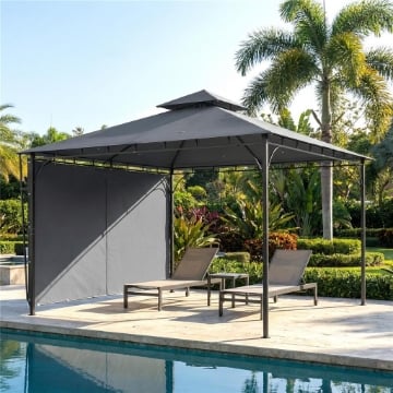 GAZEBO DA GIARDINO CON TETTO ESTENSIBILE E FORI DI DRENAGGIO, IN METALLO E POLIESTERE, 3.2X3.2 M, GRIGIO SCURO