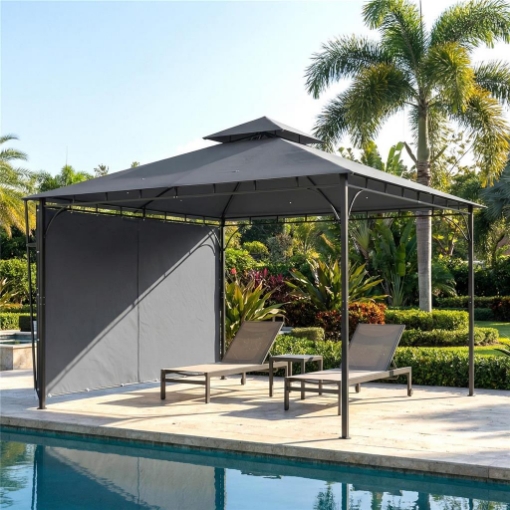 GAZEBO DA GIARDINO CON TETTO ESTENSIBILE E FORI DI DRENAGGIO, IN METALLO E POLIESTERE, 3.2X3.2 M, GRIGIO SCURO