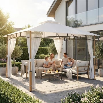 Gazebo 3 x 3,6 m, Tetto Doppio UPF50+ con Rete, Crema