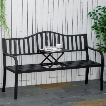 Panchina da Giardino 2-3 Posti con Tavolino Sollevabile in Metallo, 150x58.5x90cm, Nero