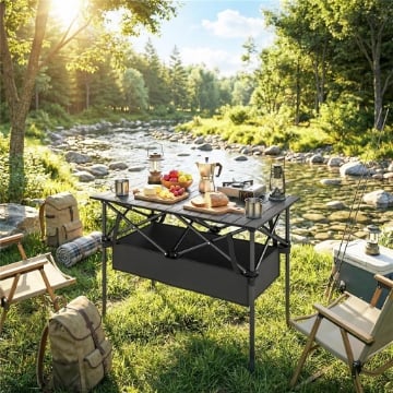 Tavolo da Campeggio Pieghevole con Struttura in Metallo, Rete Portaoggetti e Borsa, 93x55x68 cm, Nero