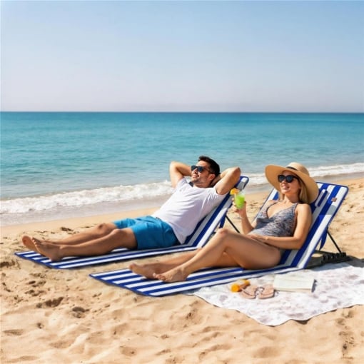 SET 2 MATERASSINI MARE CON SCHIENALE REGOLABILE SU 4 LIVELLI, IN ACCIAIO E POLIESTERE, 154X57X52 CM, BLU BIANCO