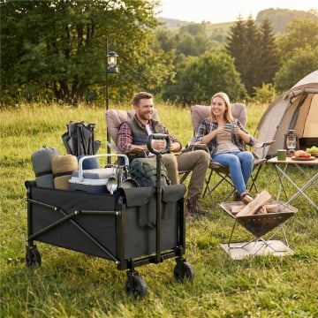 Carrello da Giardino 80L Pieghevole con Maniglia Regolabile, in Metallo e Tessuto Oxford, 78x47.5x92 cm, Nero