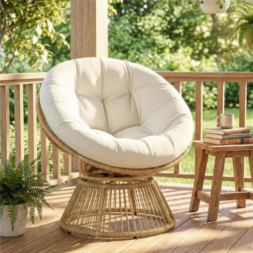 POLTRONA PAPASAN RATTAN 360¦ MOON CHAIR CON CUSCINO INTERNI/ESTERNI, BIANCO CREMA