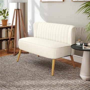 DIVANO 2 POSTI IN TESSUTO EFFETTO LINO SENZA BRACCIOLI CON GAMBE IN LEGNO, 117X56.5X77 CM, BIANCO CREMA