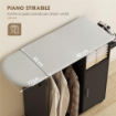 Mobile Asse da Stiro con Piano d'Appoggio Effetto Lino, 3 Ripiani a Cubo e Guida, 127x42.5x99 cm, Nero