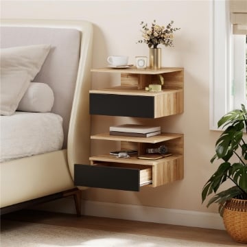 Set di 2 Comodini Sospesi con Cassetto e Mensola Aperta, 35x32x22.5 cm, Nero e Rovere