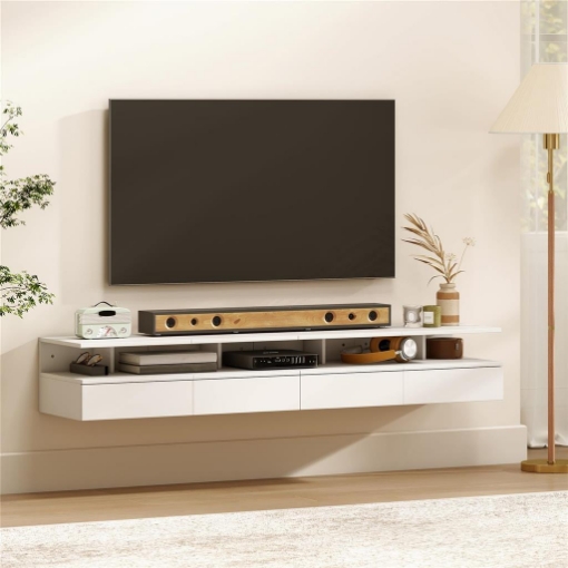 Set di 2 Comodini Sospesi con Cassetto e Mensola Aperta, 35x32x22.5 cm, Bianco