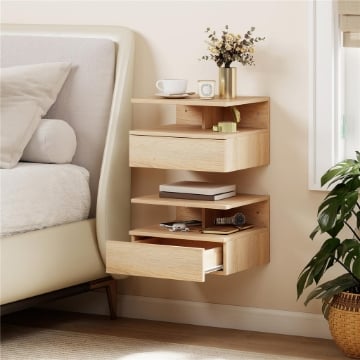 Set di 2 Comodini Sospesi con Cassetto e Mensola Aperta, 35x32x22.5 cm, Rovere