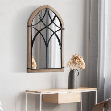 SPECCHIO DA PARETE AD ARCO CON DETTAGLI MODERNI E GANCI, IN LEGNO E VETRO, 60X93 CM, MARRONE E NERO