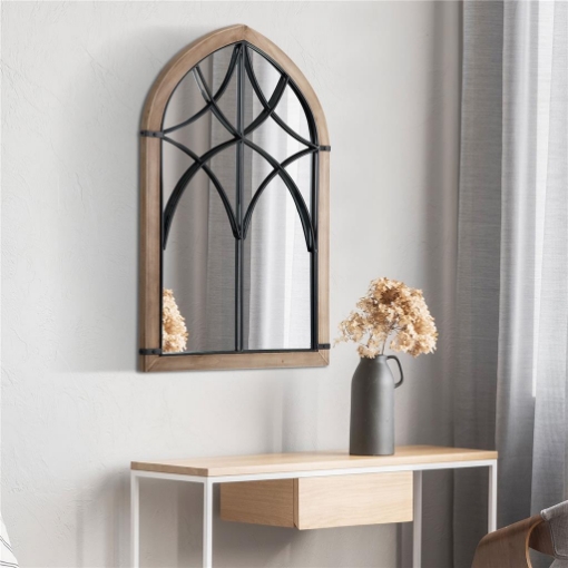 SPECCHIO DA PARETE AD ARCO CON DETTAGLI MODERNI E GANCI, IN LEGNO E VETRO, 60X93 CM, MARRONE E NERO