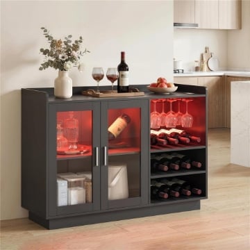 Mobile Portabottiglie con Luce LED e Scaffale Regolabile, in Legno e Vetro, 120x38x88 cm, Nero