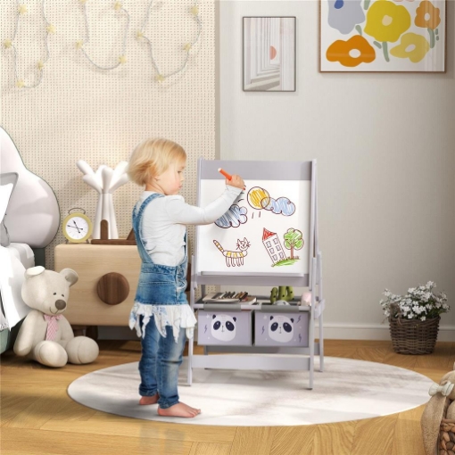 Lavagna per Bambini con Cavalletto 3 in 1 e 2 Contenitori, EtÓ 3-8 anni, 54x46.5x93cm, Grigio