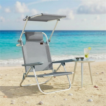 SEDIA A SDRAIO RECLINABILE A 6 LIVELLI CON TETTUCCIO REGOLABILE E POGGIATESTA, IN ALLUMINIO E RETE, 62X68X79, GRIGIO