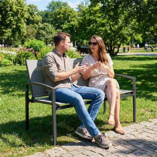 panca da giardino in metallo, 2 posti, tessuto traspirante Texteline, colore grigio.
