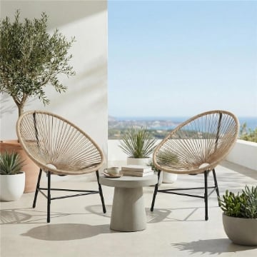 SET 2 SEDIE ACAPULCO IN RATTAN PE CON STRUTTURA TRIANGOLARE IN ACCIAIO, 72X68X81 CM, COLOR LEGNO