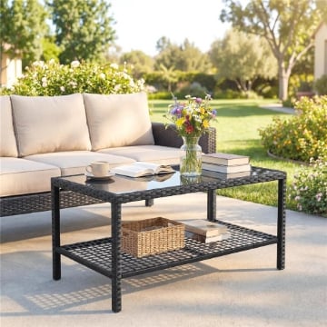 Tavolino da CaffÞ a 2 livelli con Piano in Vetro Temperato e Ripiano, in Acciaio e Rattan, 92x50x45 cm, Nero
