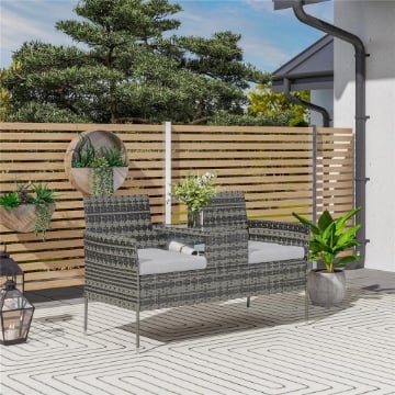 PANCHINA DA ESTERNO 2 POSTI CON TAVOLINO DA CAFFÞ, IN ACCIAIO E RATTAN PE, 137X59X82 CM, GRIGIO