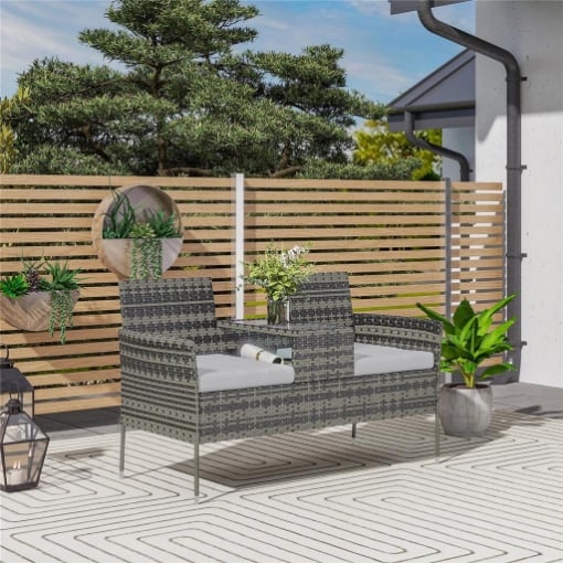PANCHINA DA ESTERNO 2 POSTI CON TAVOLINO DA CAFFÞ, IN ACCIAIO E RATTAN PE, 137X59X82 CM, GRIGIO