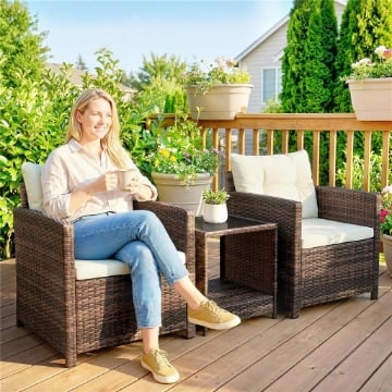 SET DA GIARDINO 3PZ IN RATTAN PE E ACCIAIO CON 2 POLTRONE CON CUSCINI E TAVOLINO DA CAFFÞ, MARRONE E CREMA
