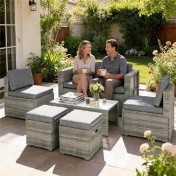 Set da Esterno 6pz con Divano, 2 Sedie, Tavolino con Piano in Vetro e 2 Pouf, Grigio Scuro