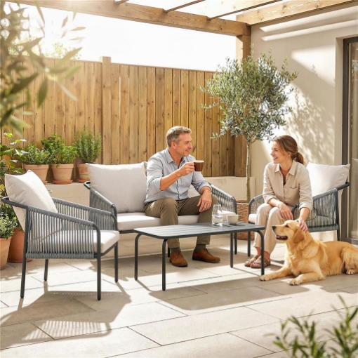 SET DA GIARDINO IN RATTAN 4 PEZZI CON DIVANO, POLTRONE, TAVOLO, KHAKI