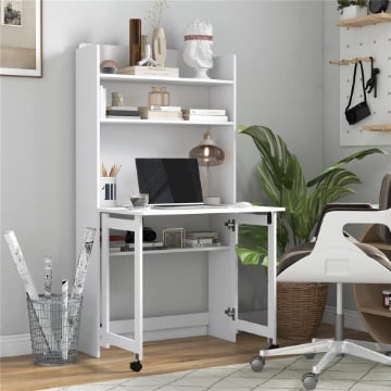 SCRIVANIA PIEGHEVOLE CON LIBRERIA A 4 RIPIANI, 2 RUOTE E FORO PASSACAVI, 80X69X155 CM, BIANCO