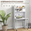SCRIVANIA PIEGHEVOLE CON LIBRERIA A 4 RIPIANI, 2 RUOTE E FORO PASSACAVI, 80X69X155 CM, BIANCO