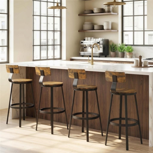 SET 2 SGABELLI DA BAR STILE RUSTICO CON POGGIAPIEDI, IN LEGNO E METALLO, 37X47X96 CM, MARRONE