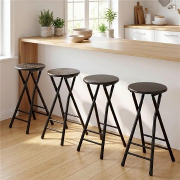 SET 4 SGABELLI BAR PIEGHEVOLI CON DOPPIO POGGIAPIEDI, IN LEGNO E ACCIAIO, 34X30X70 CM, NERO