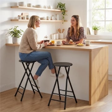 SET 2 SGABELLI BAR PIEGHEVOLI CON DOPPIO POGGIAPIEDI, IN LEGNO E ACCIAIO, 34X30X70 CM, NERO