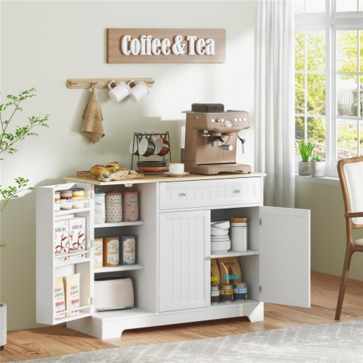 CREDENZA MODERNA CON SPAZIO DI ARCHIVIAZIONE, MOBILE BUFFET CON CASSETTO, RIPIANI REGOLABILI, PICCOLA DISPENSA DA CUCINA CON RIPIANI PORTA, BIANCO