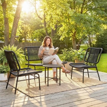SET MOBILI GIARDINO RATTAN 4 PEZZI, DIVANO ESTERNO CON TAVOLINO METALLO, NERO