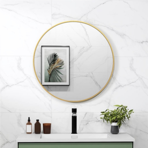 SPECCHIO ROTONDO DA BAGNO CON SUPERFICIE ANTIURTO, IN VETRO E ACCIAIO, Ï70X2.5 CM, COLOR ORO