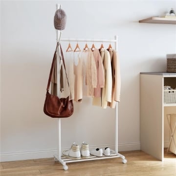 STENDER APPENDIABITI DA TERRA CON RUOTE, 5 GANCI E RIPIANO INFERIORE PORTA SCARPE, BIANCO