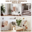 STENDER APPENDIABITI DA TERRA CON RUOTE, 5 GANCI E RIPIANO INFERIORE PORTA SCARPE, BIANCO