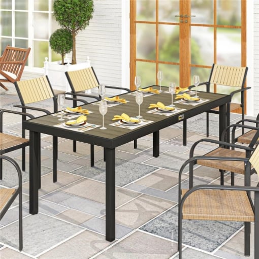 TAVOLO DA PRANZO DA GIARDINO PER 8 PERSONE IN ALLUMINIO E PLASTICA, LEGNO SCURO E NERO