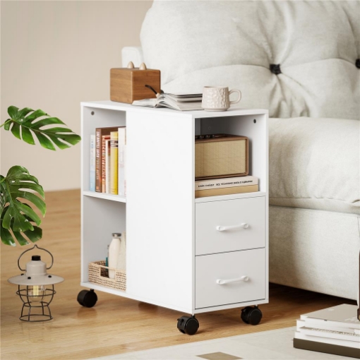 TAVOLINO CON RUOTE MINIMAL CON 2 CASSETTI, VANO APERTO E RIPIANO REGOLABILE, IN LEGNO, 60X30X65 CM, BIANCO