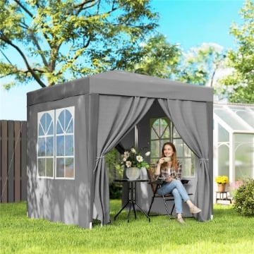 GAZEBO PIEGHEVOLE 2X2 M CON 4 PARETI RIMOVIBILI IN METALLO E POLIESTERE, GRIGIO