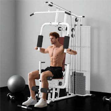 STAZIONE FITNESS MULTIFUNZIONE PER CASA E PALESTRA CON 4 IMBOTTITURE, IN ACCIAIO E PU, 150X110X210 CM, BIANCO