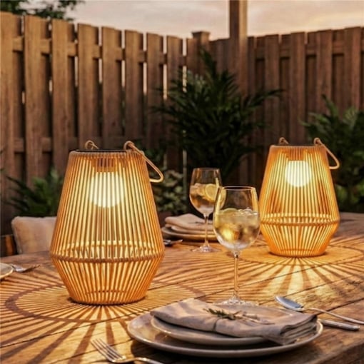 Set di 2 Lampade Solari in Rattan,con Accensione/Spegnimento Automatico, IP44, 16x16x21 cm, Marrone
