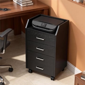 CASSETTIERA PICCOLA CON 4 CASSETTI, MOBILETTO VERTICALE SU RUOTE, 40 X 36 X 65 CM, EFFETTO LEGNO NERO
