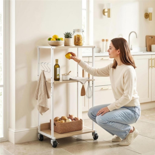 SUPPORTO STAMPANTE A 3 LIVELLI CON RUOTE E GANCI, NATURALE