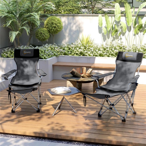 SET 2 SEDIE DA CAMPEGGIO PIEGHEVOLI CON POGGIAPIEDI E PORTABICCHIERI, 82X50/100X88 CM, GRIGIO