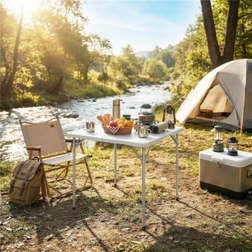 Tavolo da Campeggio Quadrato Pieghevole in Metallo e HDPE, 86x86x74 cm, Bianco